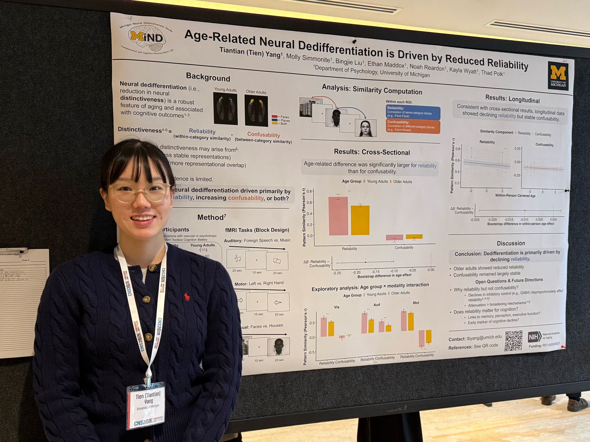 Tiantian Yang standing beside her research poster at CNS 2026
