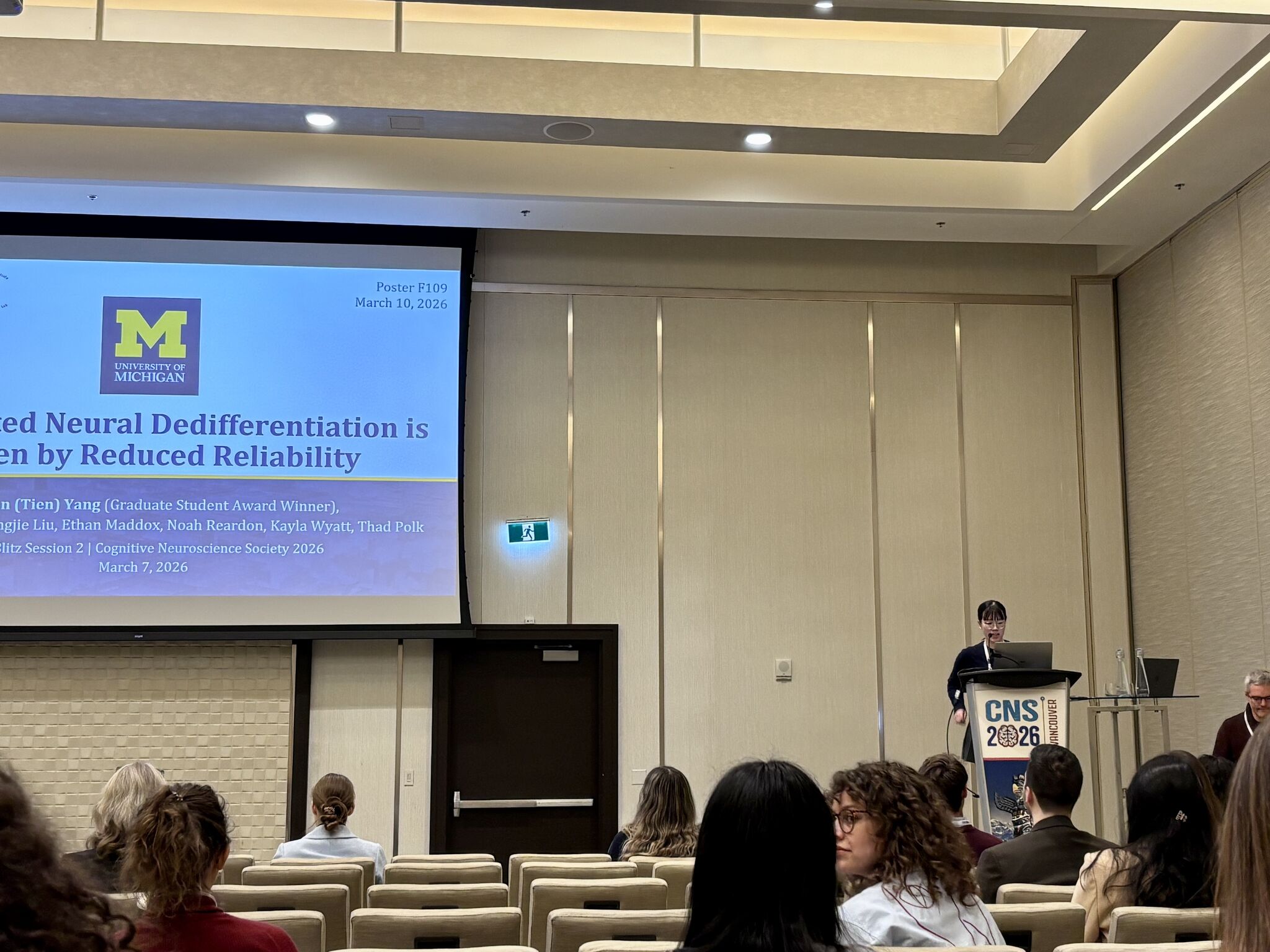 Tiantian Yang presenting a data blitz talk at CNS 2026